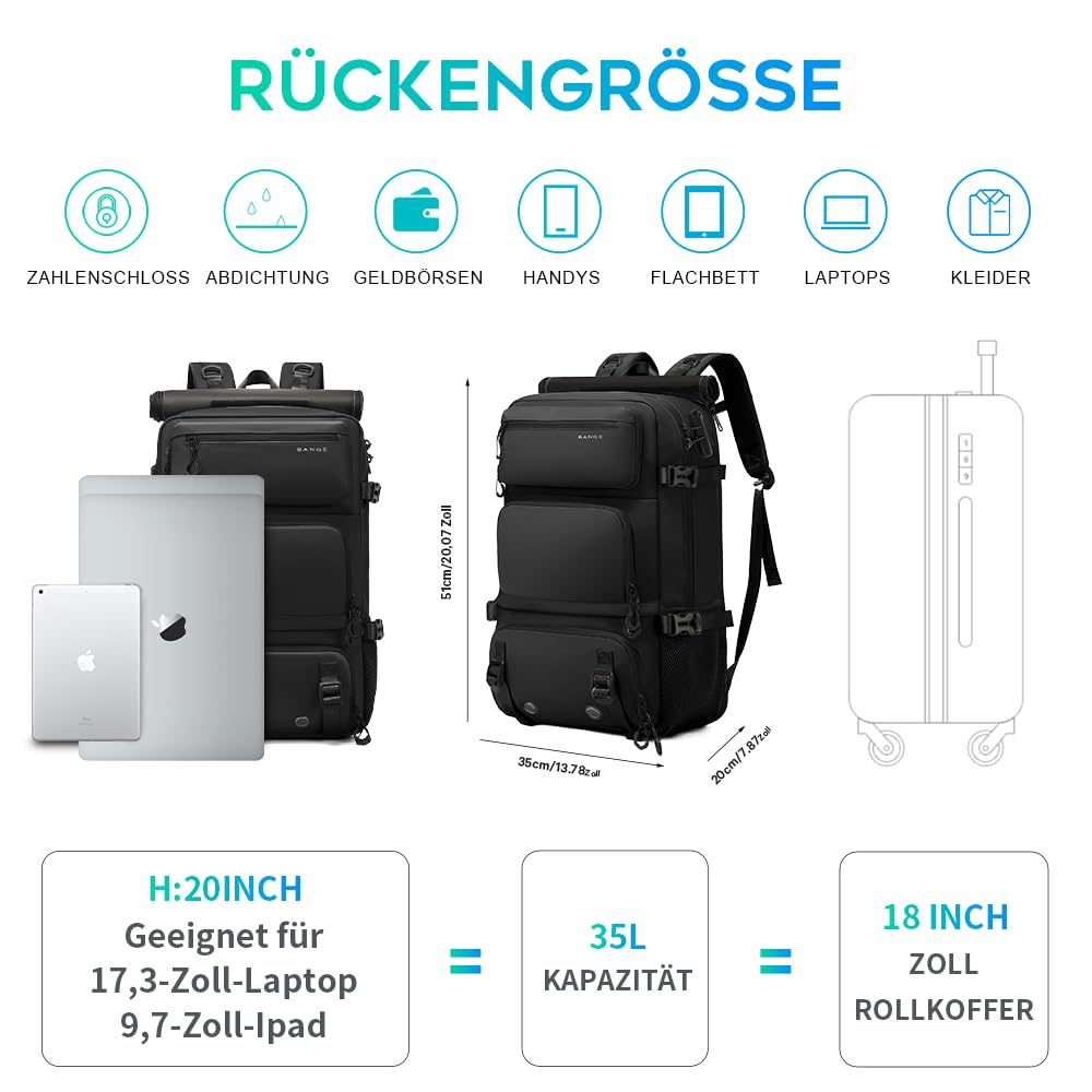 BANGE Anti-Diebstahl-Rucksack, 3-in-1-Handgepäck-Rucksack mit abnehmbarer Schultertasche und Schuhfach, wasserabweisend, für Business, Übernachtung, Reiserucksäcke für Damen und Herren, Schwarz, L
