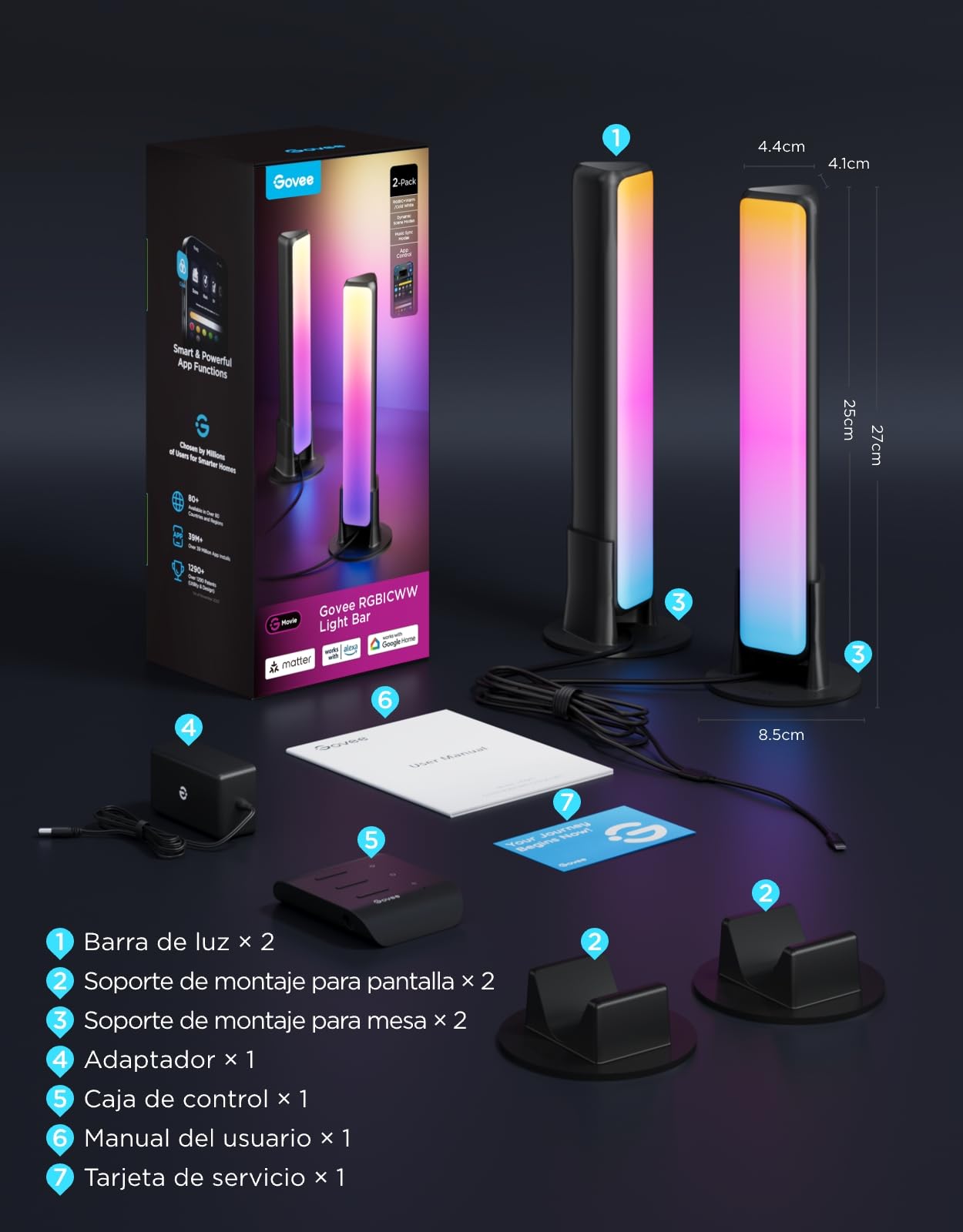 Govee Barras de luz LED Inteligentes, Compatible con Alexa, Matter, Negro | Retroiluminación RGBICWW para TV, Ambiente, Juegos con 64 Modos de Escena, Sincronización de Música, 3 Instalación