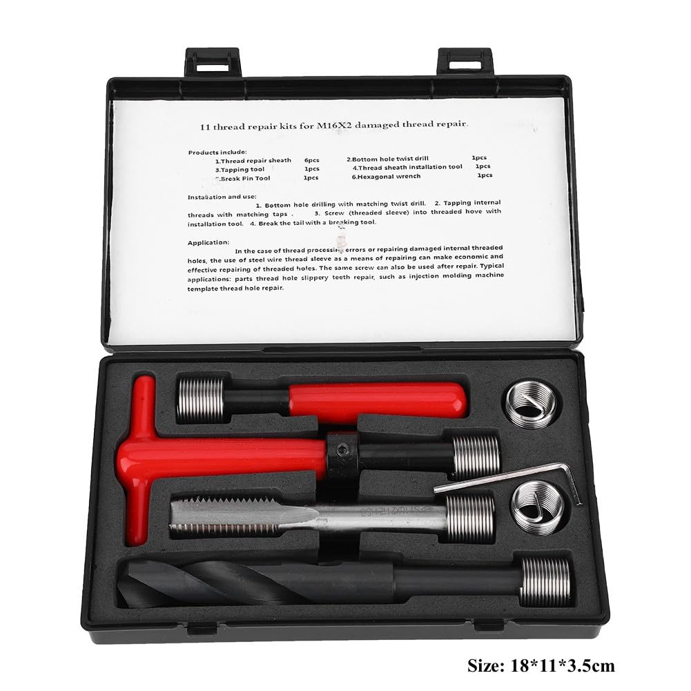 Kit de Reparación de Roscas, M16x2 Acero Inoxidable Taladro Retorcido Llave de Rosca Herramienta de Inserción Roscada Kit de Inserción de Rosca Helicoidal Para Reparación de Roscas