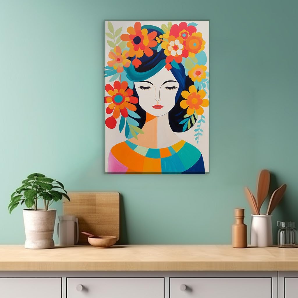 Canvas for Living Room. Enigmatic Blue-Haired Muse Amidst a Riot of Floral Hues, 27 x 18 inch Canvas Wall Art - Strokes and Lines - Botanical Home Decor