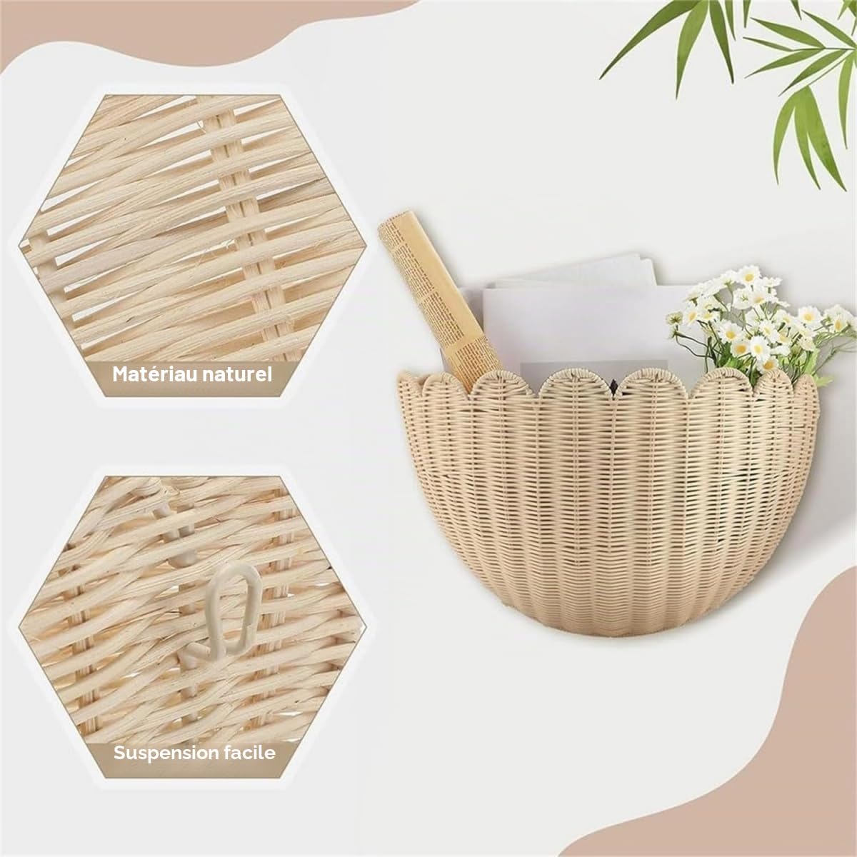 Panier mural en rotin tressé - Style bohème - Panier de rangement décoratif pour salon, cuisine, chambre d'enfant, salle de bain, chambre à coucher, couloir - Grand x 2