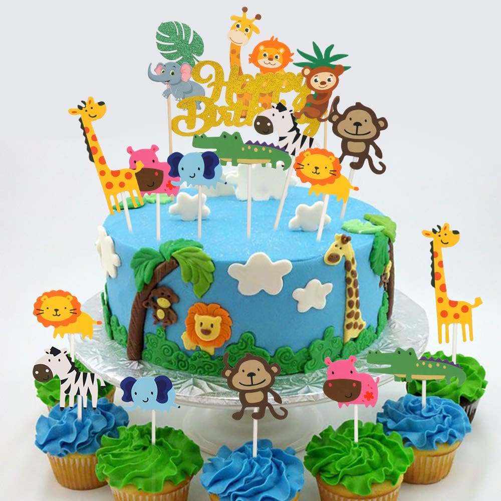 DERAYEE 8 Pieces Jungle Animal Cake Toppers Happy Birthday Cake Decoration for Kids