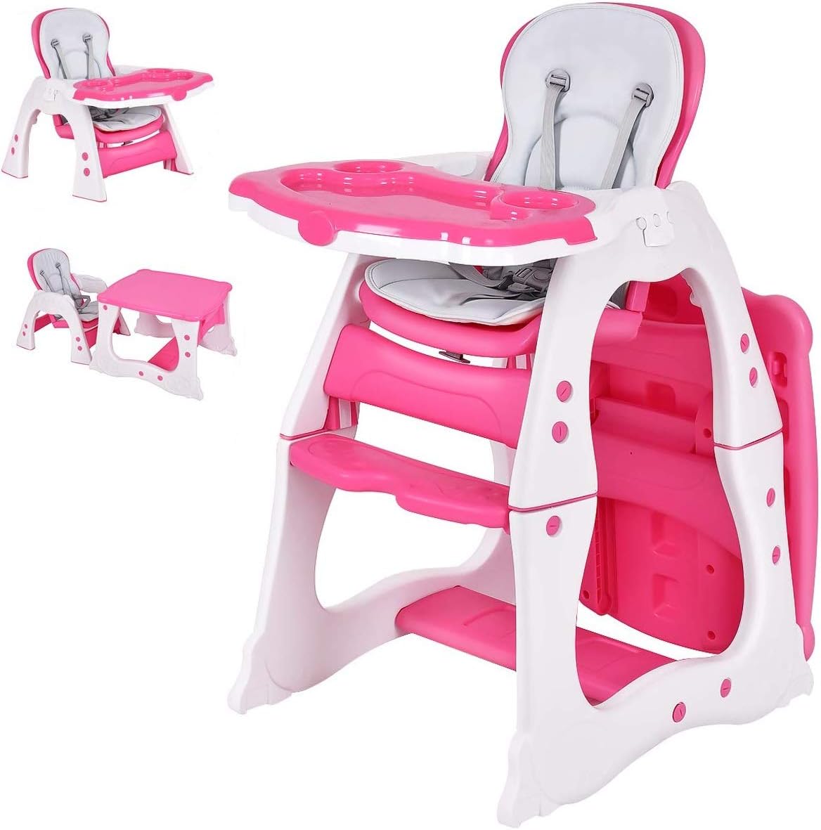 Costzon Baby High Chair, 3 in 1 Infant Table and Chair Set, Convertible Booster Seat with 3-Position Adjustable Feeding Tray, Adjustable Seat Back, 5-Point Harness (Pink)