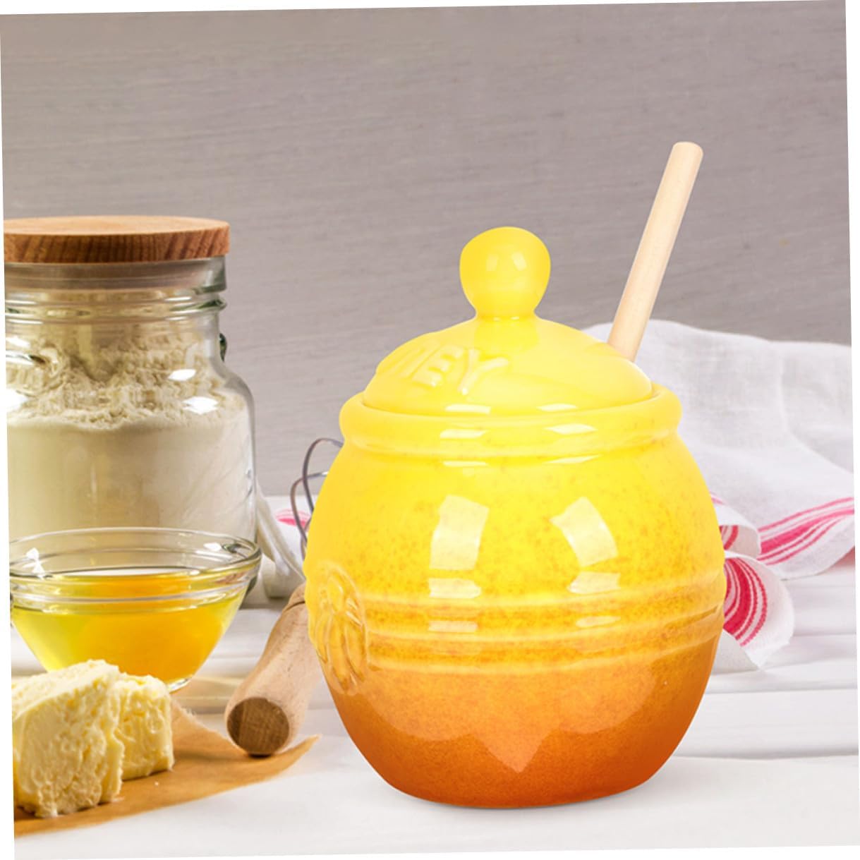 2 Set Ceramic Honey Storage Jars with Lids and Wooden Dipper Sticks Retro Honey Dispensers for Kitchen Countertop Cabinet Stoneware Containers for Easy Use and Stylish Home Decor