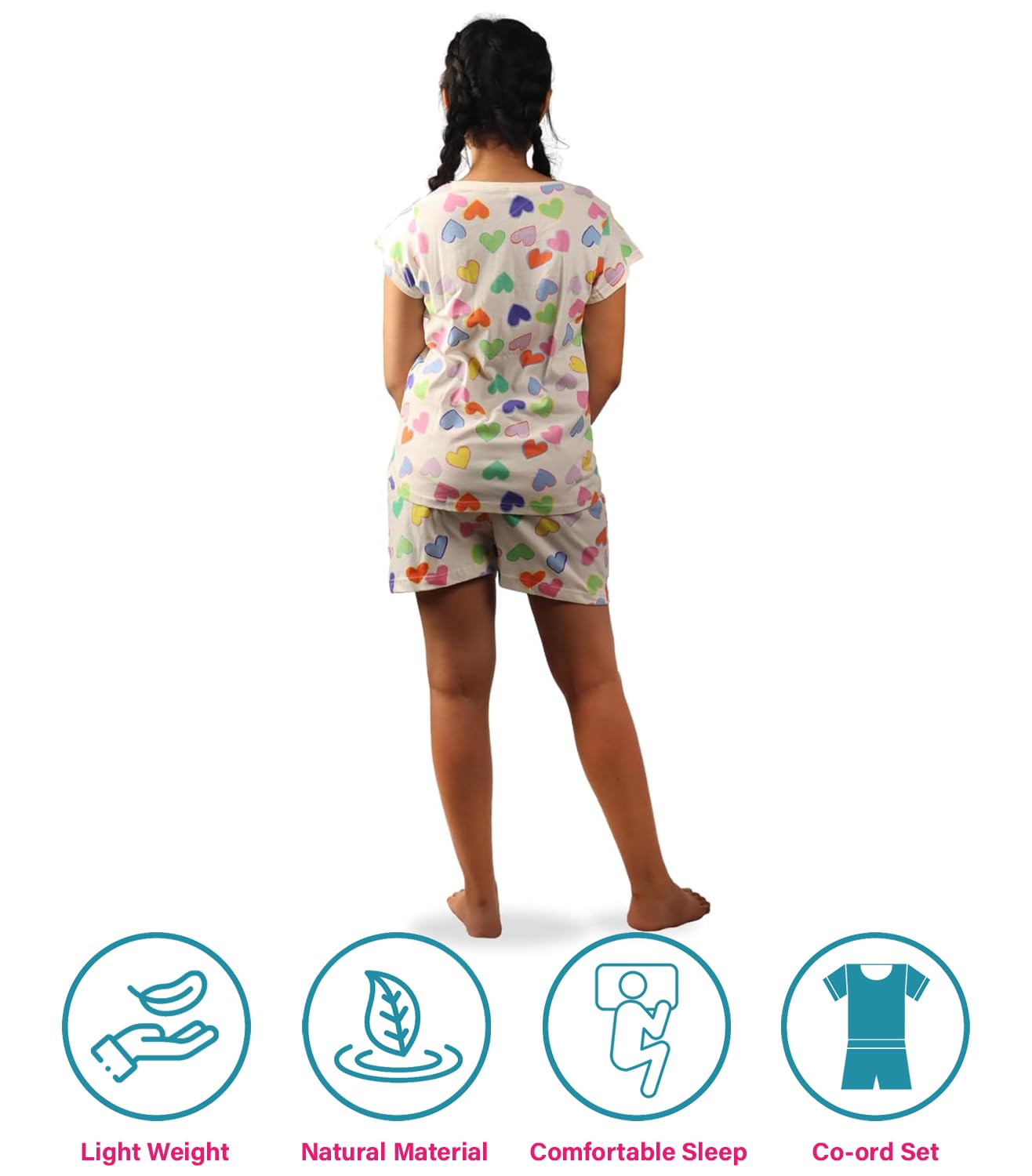 Hestia |Co-Ord Cotton Night Suit for Women| Co-Ord Night Wear Dress Set with Shorts and Top & T-Shirt |Breathable Fabric | Shrink Free Night Dress Material | Multicolor Heart | Off White | XL | Set 1 - Image 4 thumbnail