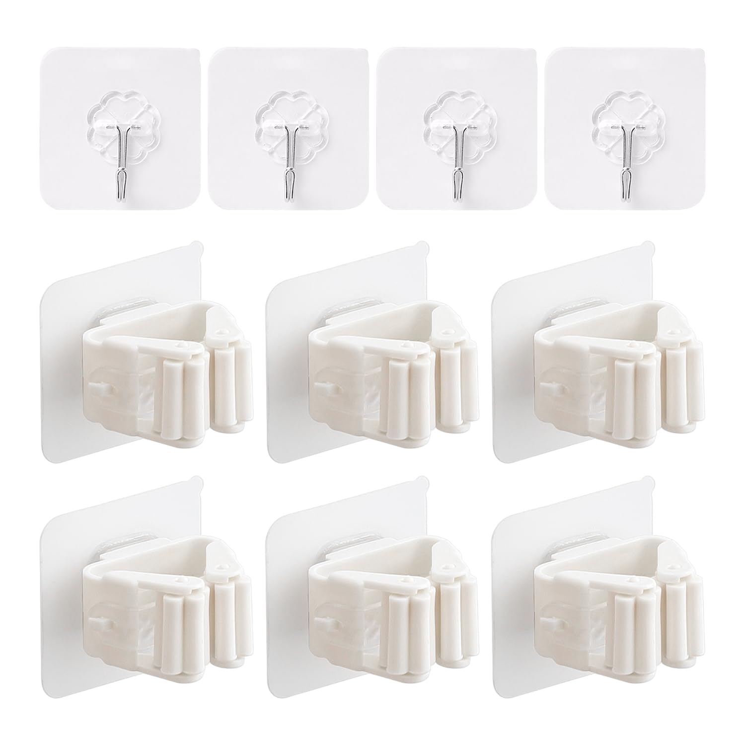 FFDHWU 6 Mop Broom Brackets, 4 Transparent Punch-Free Hooks, Strong Wall Storage Hooks, Waterproof and Seamless, Suitable for Kitchens and Bathrooms.