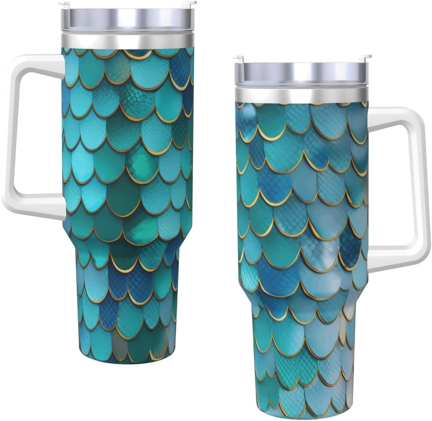 40 OZ Mermaid Scale Print Ice Bully Cup with Handle Straw Lid Straw,Stainless Steel Tumbler Coffee Cup