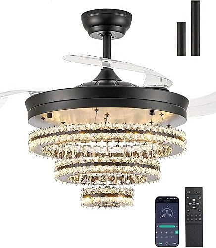 Miniatura 10 de Ventilador de techo de araña de cristal de 42 pulgadas, ventilador retráctil con control remoto y aplicación, luz LED, motor de CC silencioso, 6