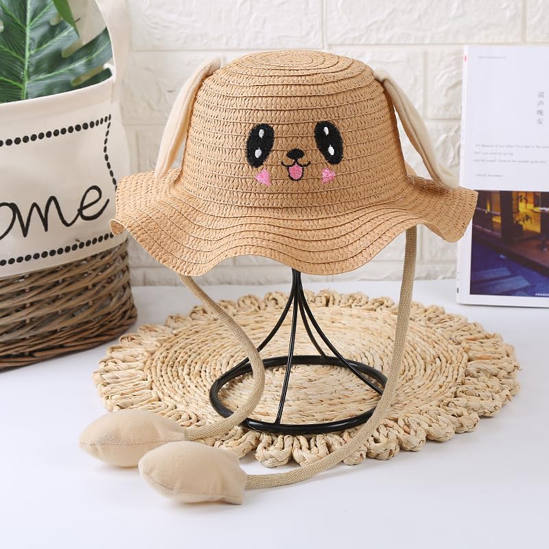 Kids Bunny Ear Jumping Straw Sun Hat Cute Funny Rabbit Ear Moving Bucket Hat Boys Girls Wide Brim Sun Protection Beach Cap 7