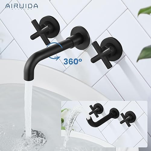 Miniatura 4 de Airuida Grifo de baño de montaje en pared negro mate, latón macizo, grifo de fregadero de baño montado en la pared, grifo giratorio 360 con doble