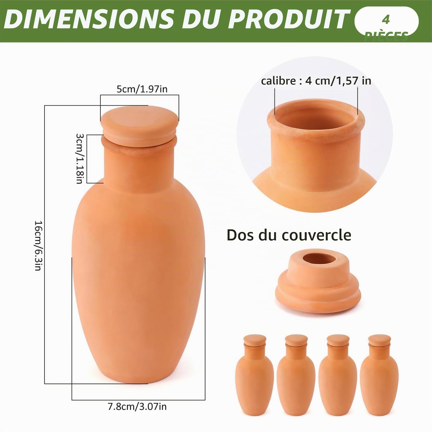 Lot de 4 Pots d'arrosage Auto-arrosants en Terre Cuite avec Pointes d'irrigation en Argile, système 'Eau Automatique pour Plantes en Pot 'intérieur et 'extérieur