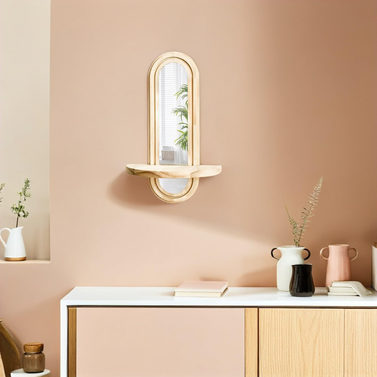 ORFOFE 2 Pièces Étagères Murales Bois avec Miroir Réfléchissant Support Plante Suspendu à Fente Robuste pour Chambre Salon Entrée Salle de Bain