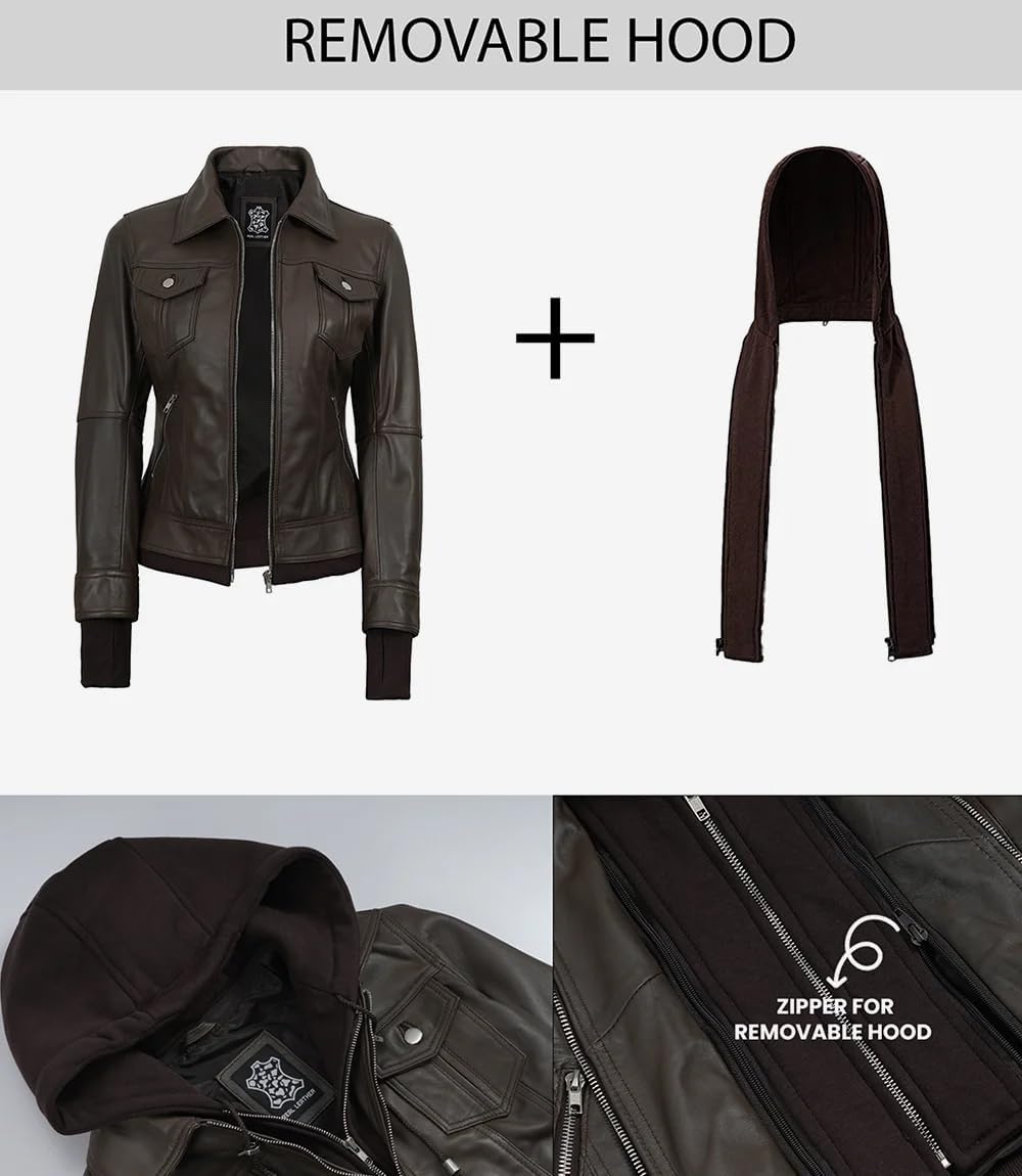 Blingsoul Hooded Leather Jacket Women - Real Lambskin Womens Leather Jackets with Detachable Hood - Image 3