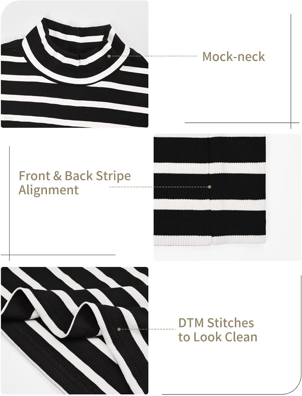 Zengjo Striped Turtleneck Women Long Sleeve Shirt - Fitted Ribbed Mock Neck Basic Layering Undershirt - Image 5