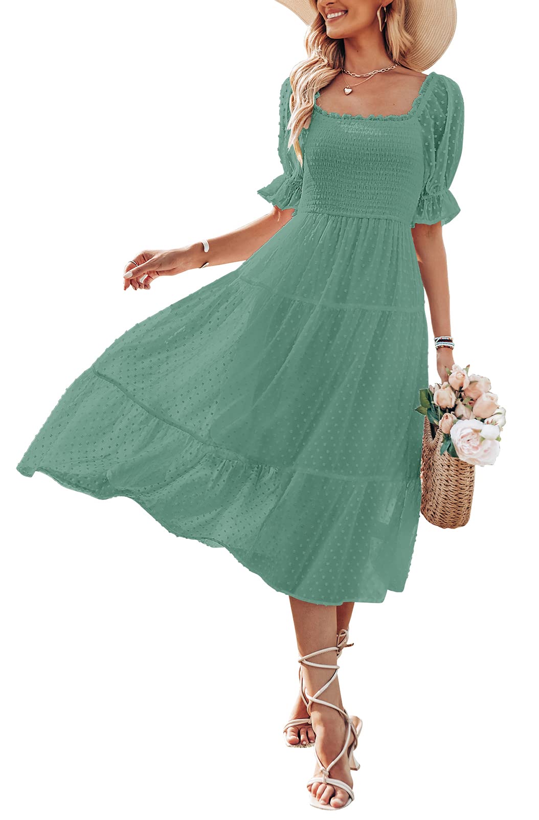 MEROKEETY Women's 2023 Summer Square Neck Puff Sleeve Boho Midi Dress Swiss Dot Ruffle Flowy Tie Back Dress