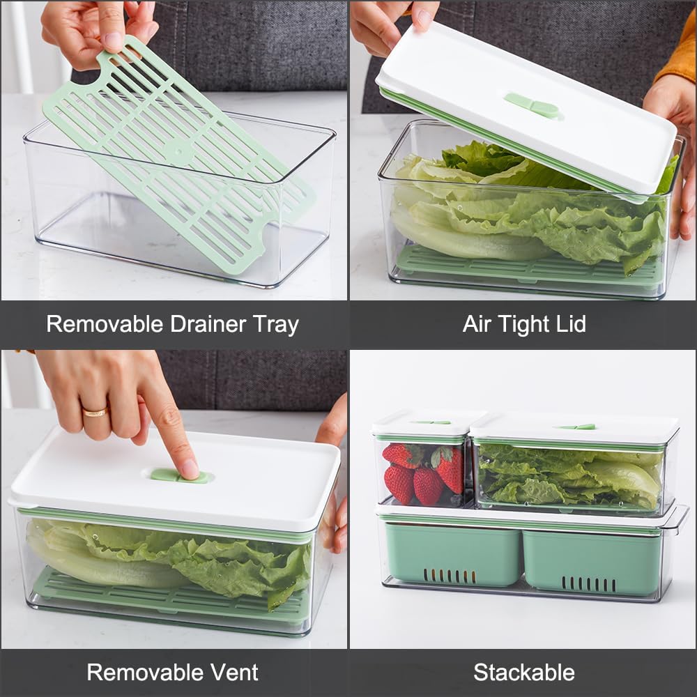 Lille Home Stackable Produce Saver, Organizer Bins/Storage Containers with Removable Drain Tray, Set of Three, for Refrigerators, Cabinets, Countertops and Pantry, BPA Free (Set of Three)