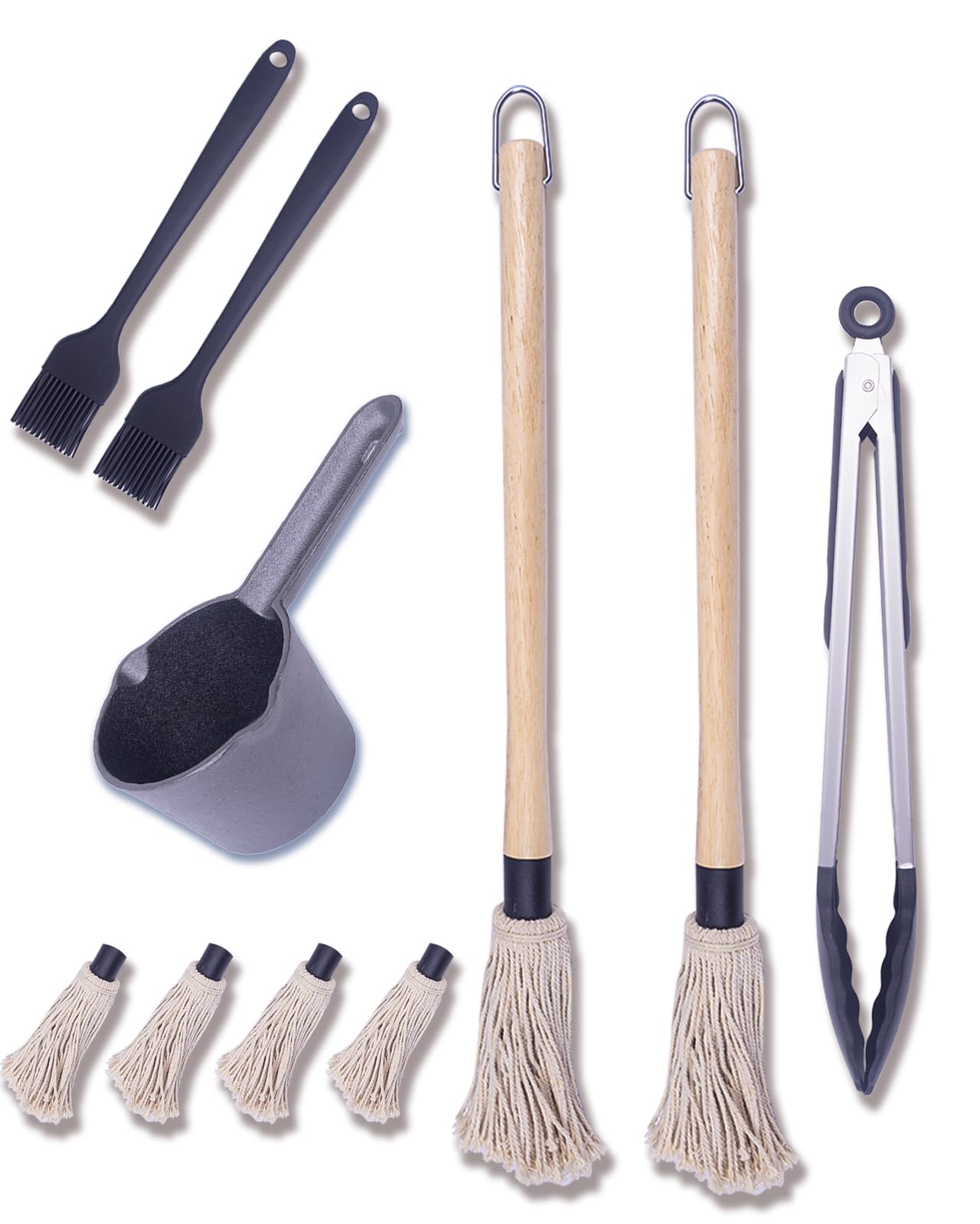 BBQ Mop Brush for Sauce,Cast Iron Sauce Pot,12 Piece Value Set,2Pcs 18’’ Wooden Handles,6Pcs BBQ Mop Brush Heads,1Pcs Kitchen Tong,2Pcs Silicone Brushes& 1Pcs Cast Iron Sauce Pot for Grilling