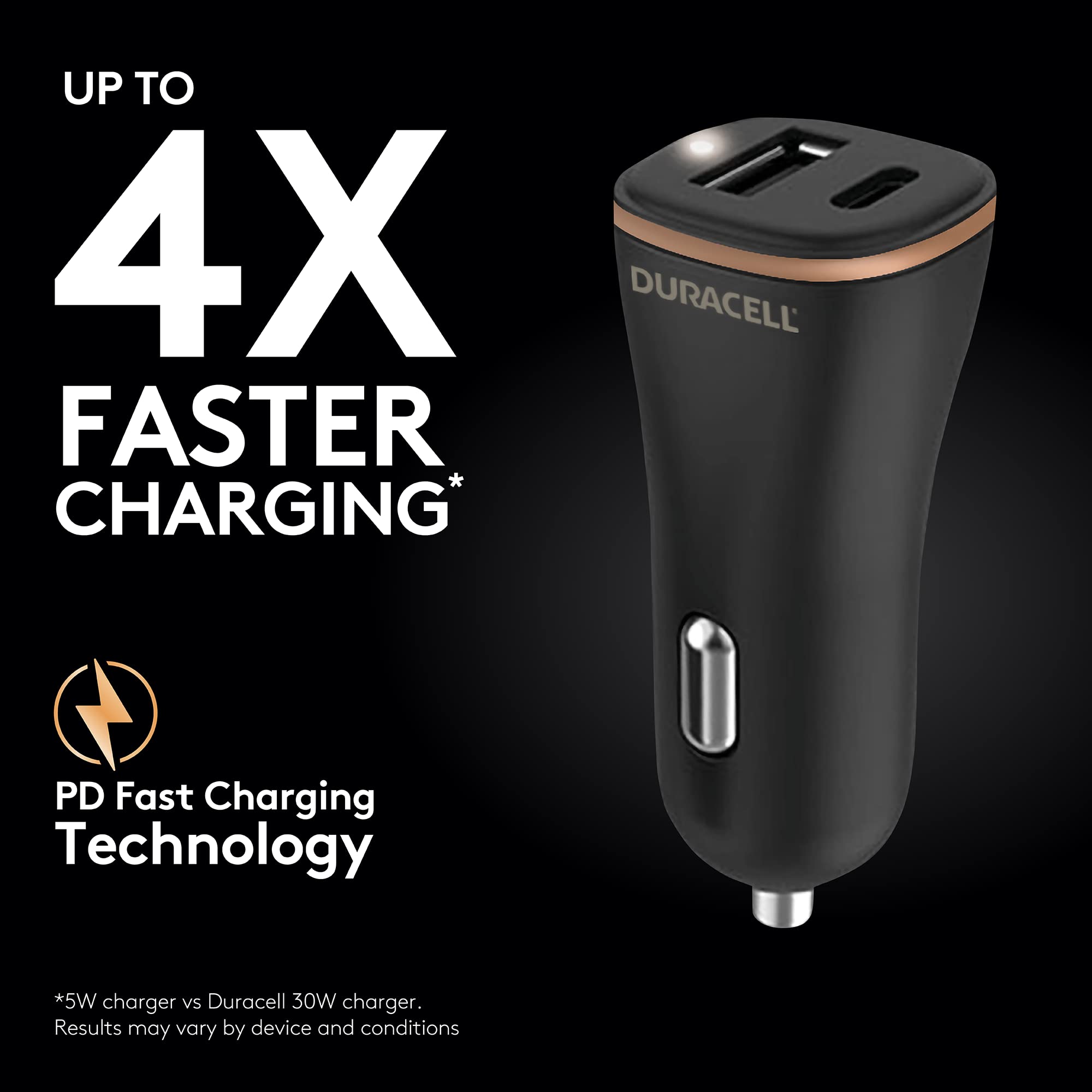 Duracell Czarny 27 W podwójny USB-C + kompaktowy adapter ładowarki samochodowej USB-A - kompatybilny ze smartfonami, tabletami, powerbankami i innymi