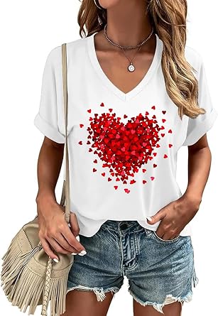 Woffccrd Womens Short Sleeve V Neck T-Shirts Valentinas Day Spring Shirts Love Heart Graphic Tees