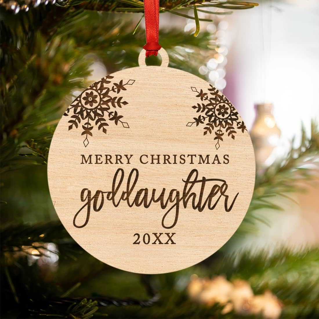 Andaz Press Custom Year Family Laser Engraved Wood Christmas Ornament, Merry Christmas Goddaughter 2026, Snowflakes, 1-Pack, Includes Ribbon And Bag Goddaughter Christmas Ornament Goddaughter Ornament