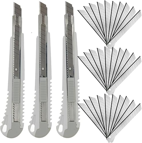 Cuchillo utilitario de 0.354 in a presión, paquete de 3 cortadores retráctiles de alta dureza con 30 cuchillas a presión, cortador de paquete de
