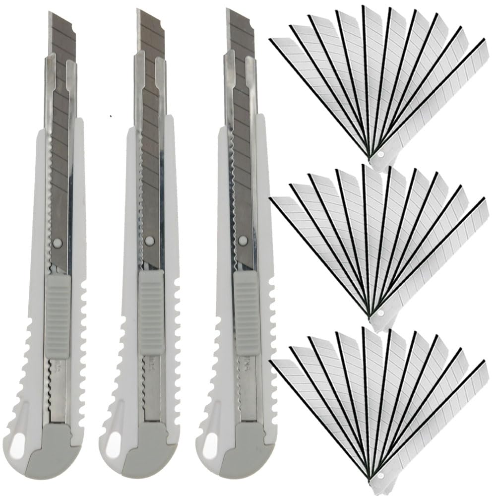 9mm Snap Off Utility Knife 3 Pack High Hardness Retractable Box Cutters with 30 Pcs Snap Off Blades,Package Cutter 9mm Knife for Home Office Workstation,White