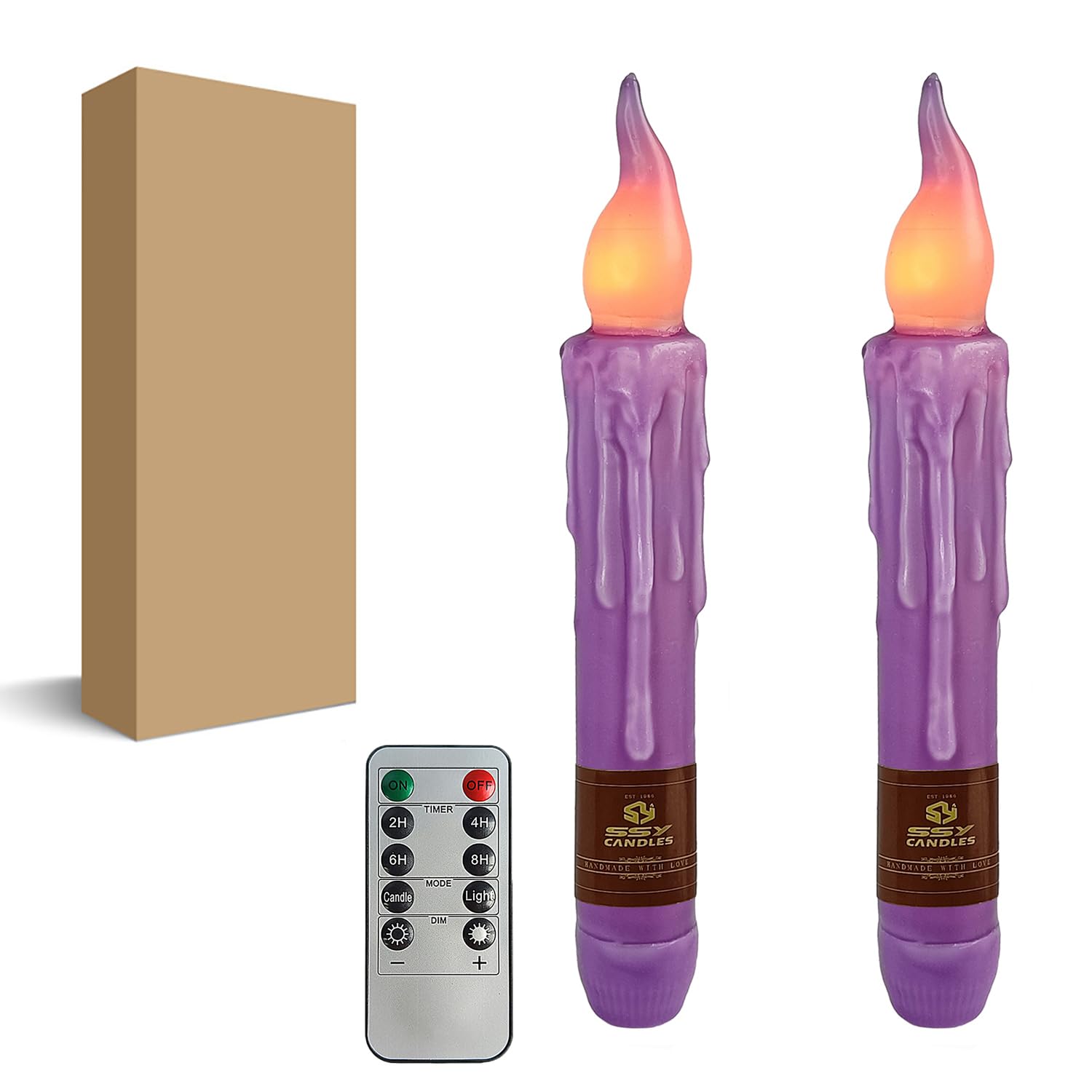 Purple Flameless Short Taper Candles, Real Wax Hand Dipped LED Battery Operated with Remote, Flickering Flame Lights for Festival Party Home Décor, 6.7 Inch Primitive Flameless Candles, 2PCS