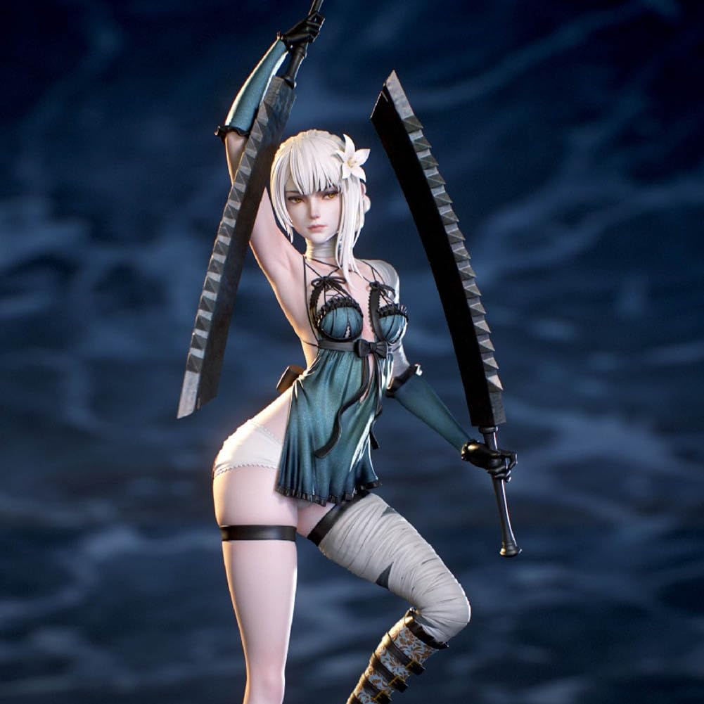 Figurka Kaine Anime Kaine statuetka 30 cm | Model stojący z dwoma mieczami, figurka kolekcjonerska z PCW z podstawą skałą, ozdoba na biurko dla fanów