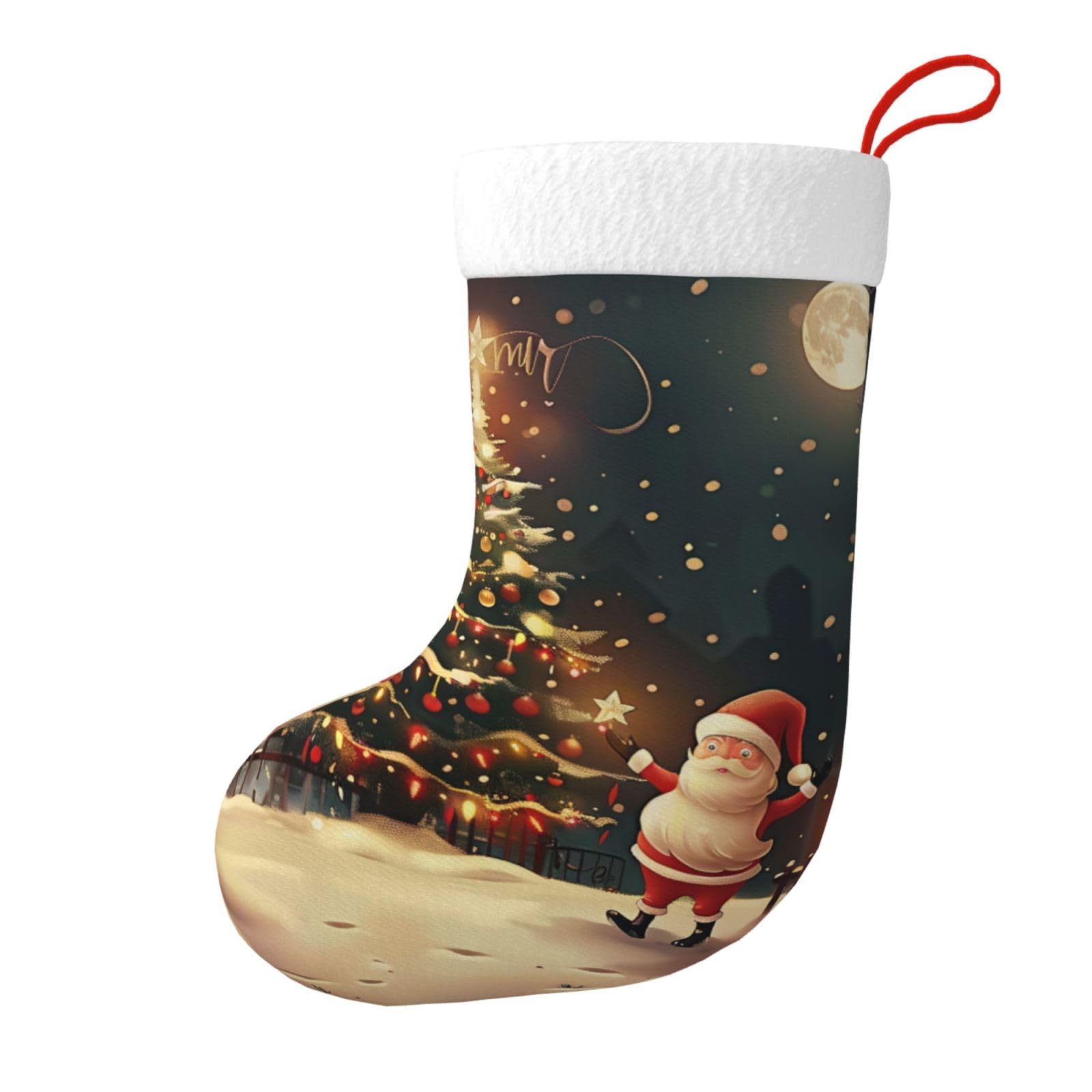 Merry Christmas Art Print Christmas Stocking, 28x45cm Holiday Hanging Stockings for Fireplace, Tree Decorations, Gift Giving, and Party Festive Decor