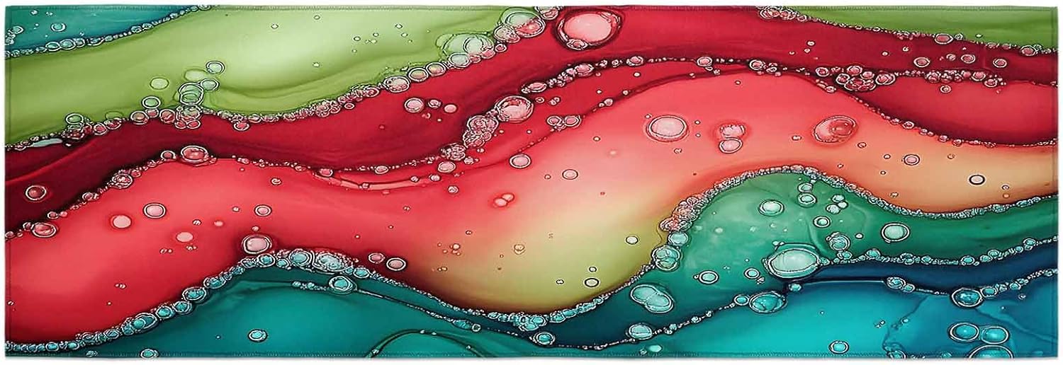 Teamery Kitchen Mats for Floor Watercolors Red Blue Green Marble Washable Non Slip Kitchen Rugs 1PCS, Abstract Rainbow Wave Absorbent Standing Mats for Sink Bathroom Office Living Room 23.6x70.9in