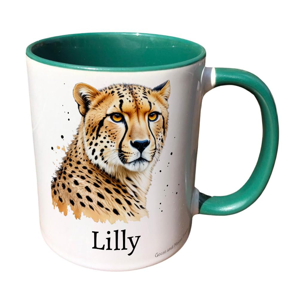 Personalised Cheetah Mug, Gift for Safari Lover, Thank you Present for Zoo Animal lover, Housewarming Coffee Cup, Country Kitchenware (White)