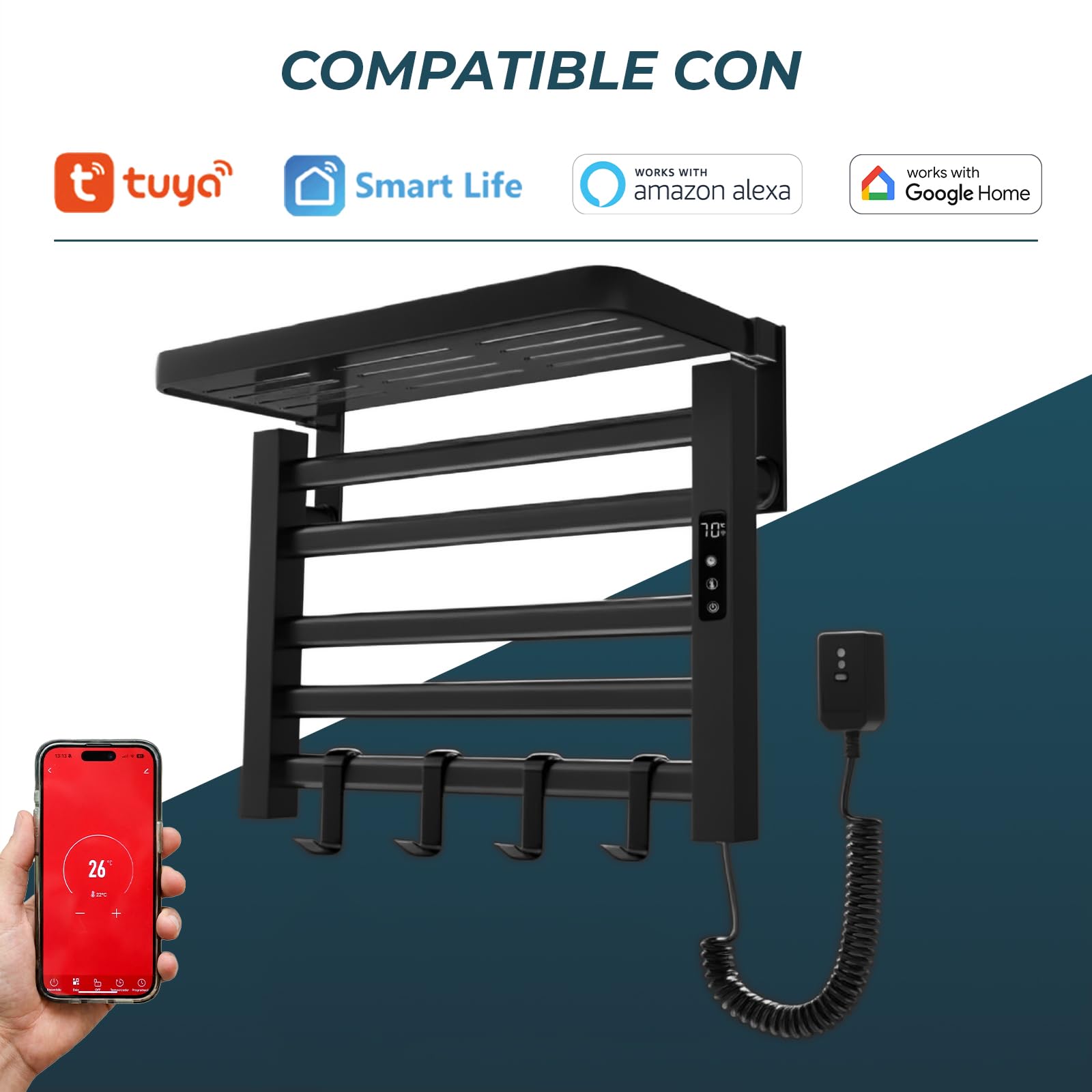 YOEVU | Toallero eléctrico | 100W, Compatible con Alexa | Estante Superior | Pantalla LCD táctil, Control WiFi, Montaje en Pared | Aleación de Aluminio, Negro