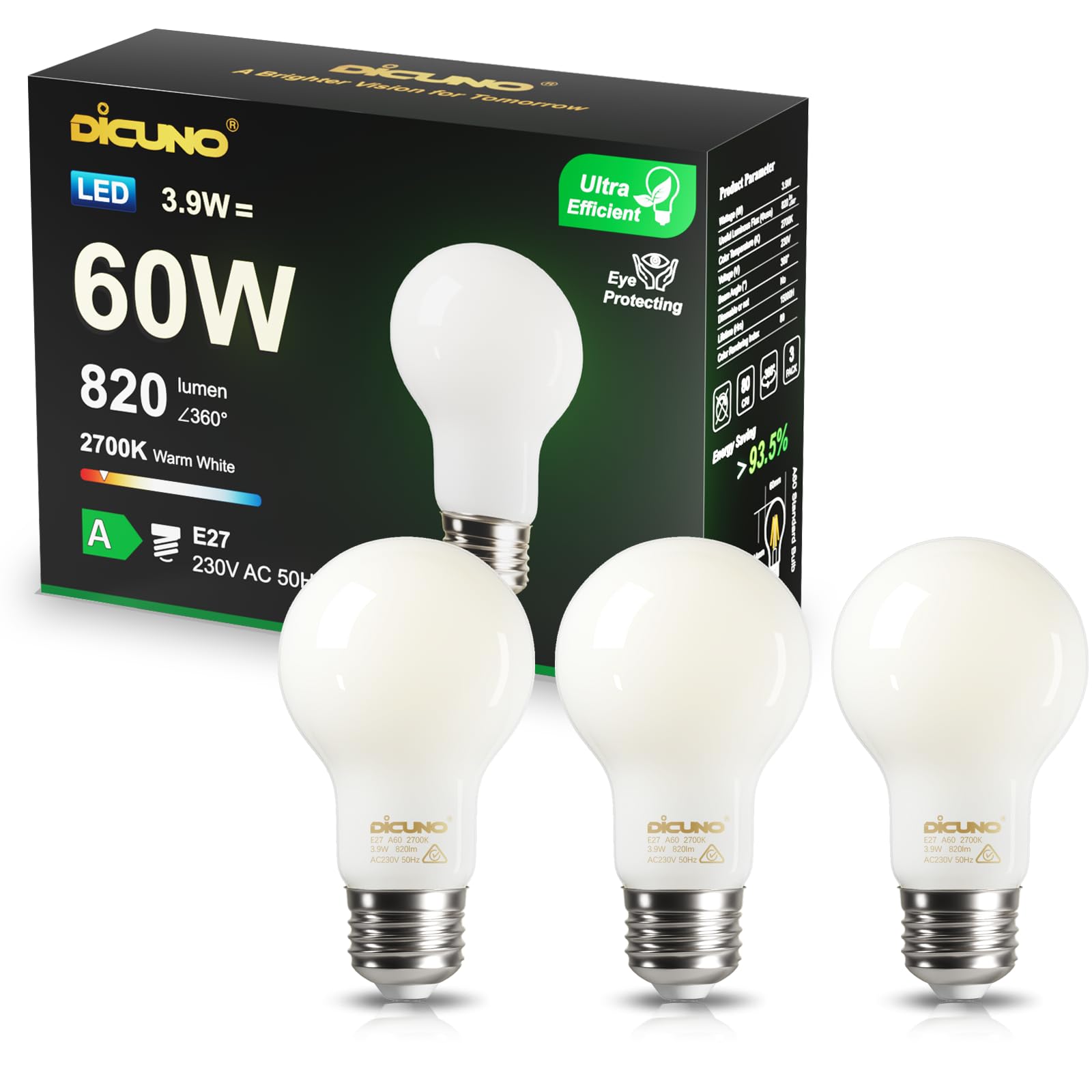 DiCUNO E27 Edison Screw Light Bulb, 3.9W (60W Equivalent), Glass Filament Bulb A60, Energy Efficient A Class LED, 2700K