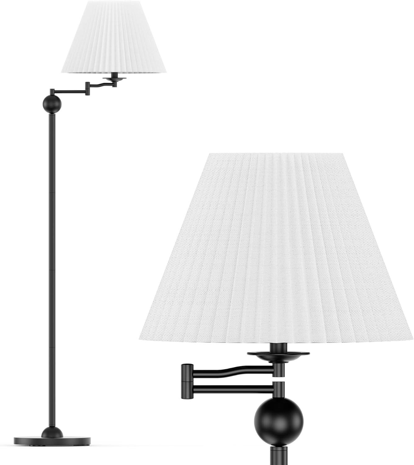 Maxax Traditional Floor Lamp with Adjustable Swing Arm, Farmhouse Standing Lamp for Living Room, Vintage Tall Black Pole Lamp with White Pleated Shade for Bedroom