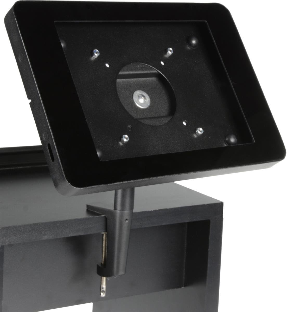 Displays2go Tablet Enclosure Compatible with iPad 2-4 and Air, Countertop, Includes Clamp, Rotating and Tilting Bracket, (Black Steel)