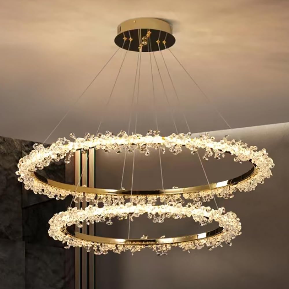 Modern Crystal Chandelier Pendant Light, 16 +24 inch LED Recessed Ceiling Lights Flush Mount, 108W Gold 3000K/4000K/6000K Hanging Light Fixture for Living Room Bedroom,Close to The Ceiling Light