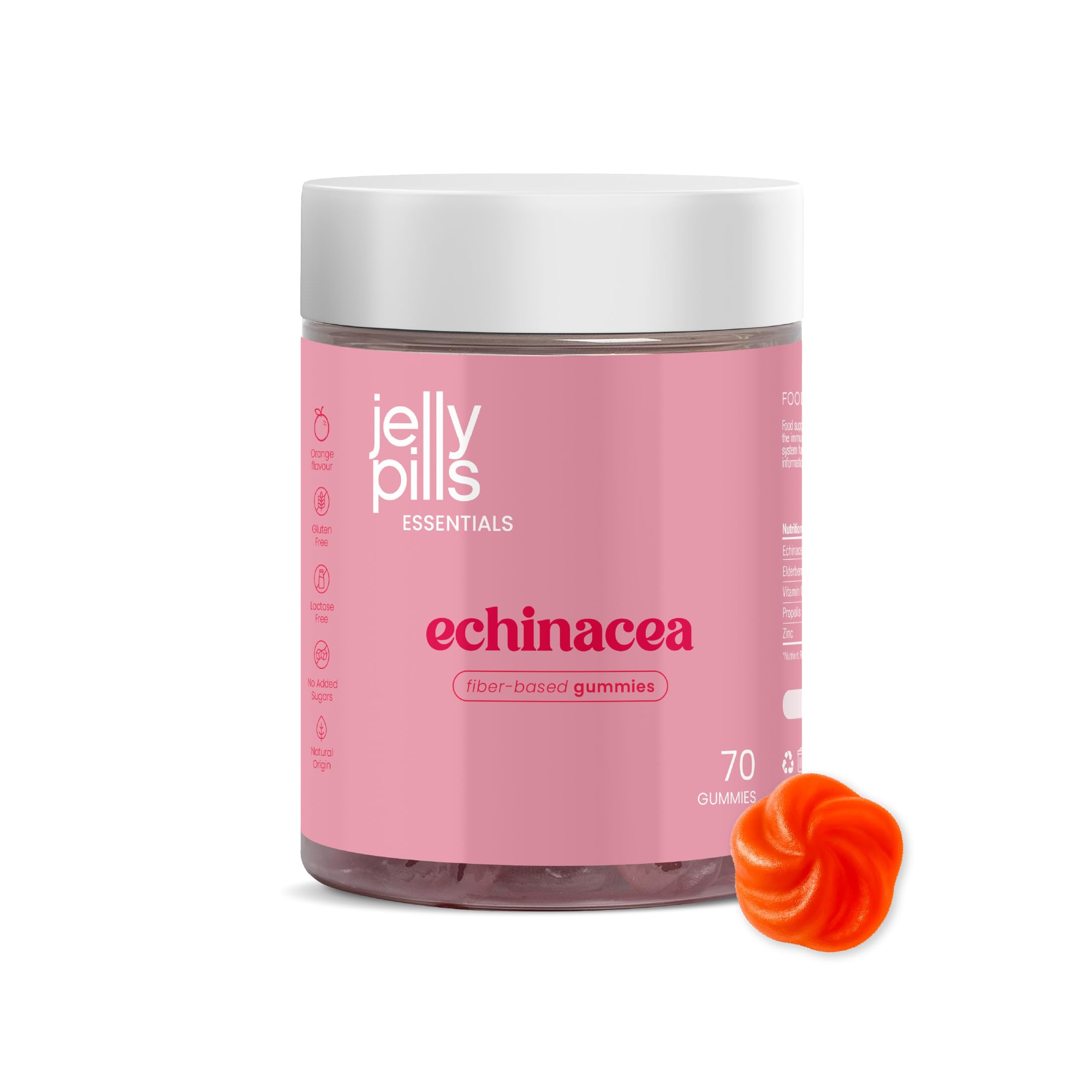 Jelly Pills Gummies Échinacée avec Vitamine C et Zinc - 70 Gummies Véganes - Sans Sucres Ajoutés - Goût Orange - Système Immunitaire