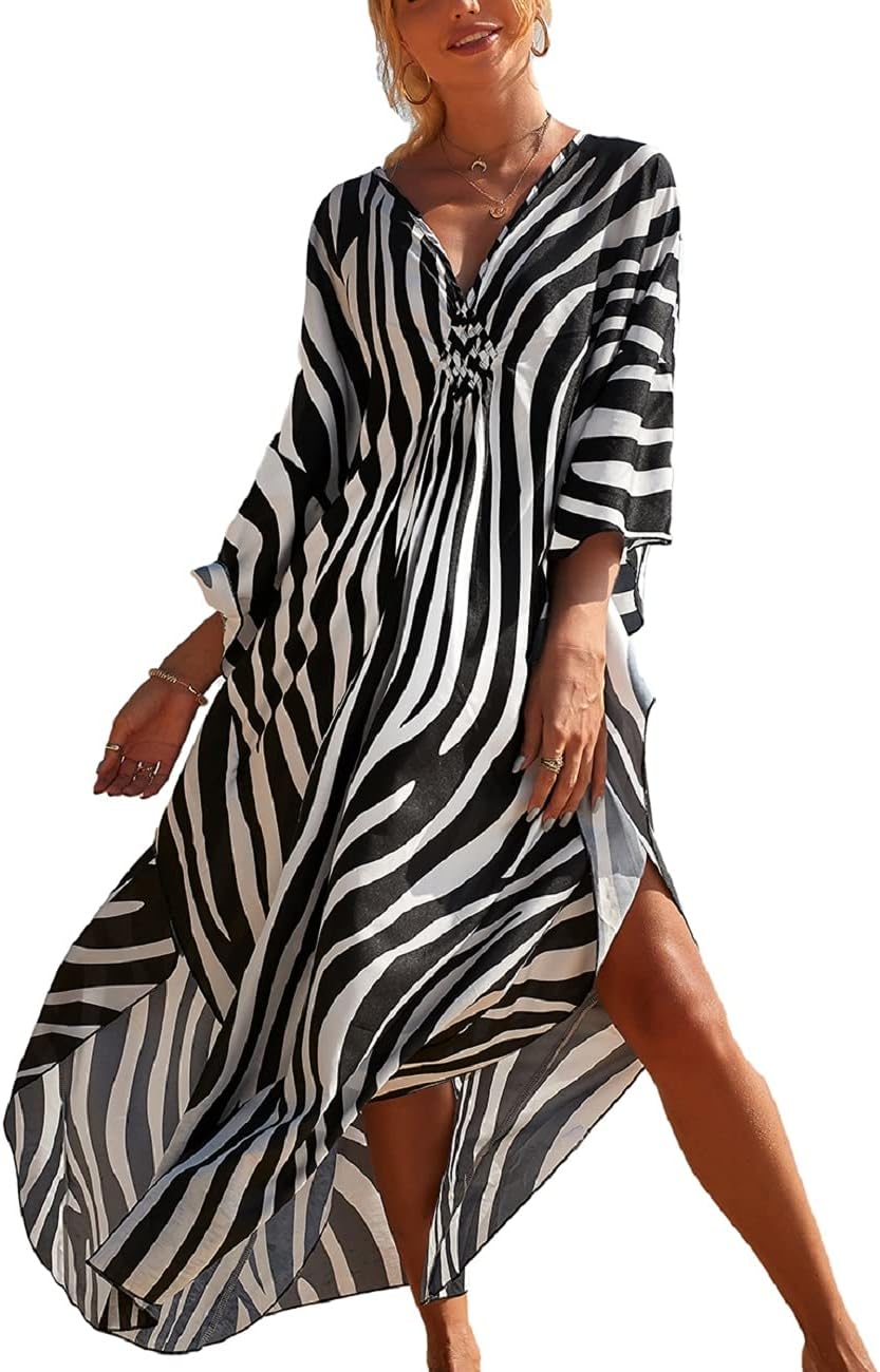 Bsubseach Kaftan Dresses Cover Up for Swimwear Women Plus Size Animal Print Caftan Resort Dress