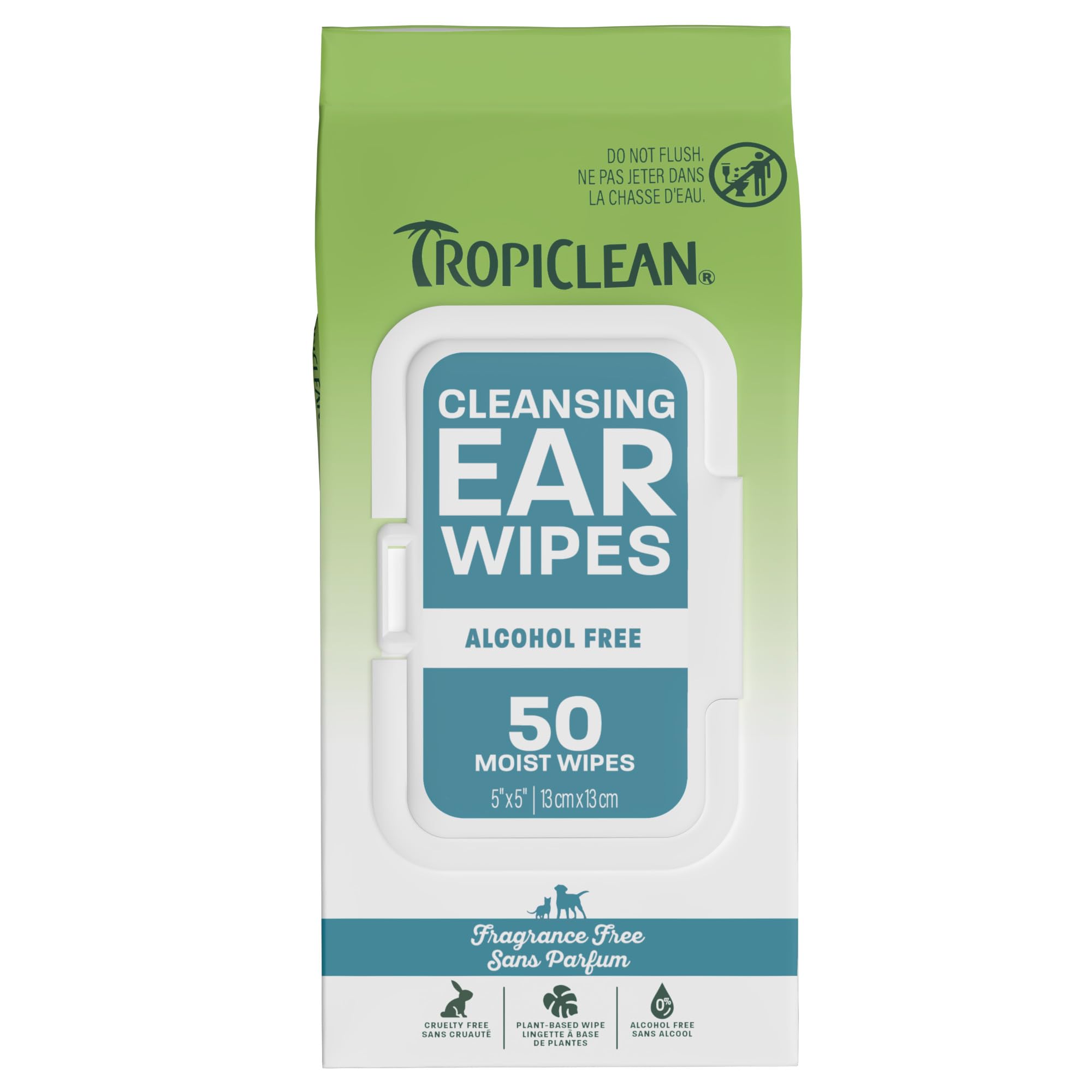 TropiClean Dog Ear Wipes Grooming Supplies - Alcohol Free Ear Cleaning Wipes for Dogs & Cats - Gently Dissolves Wax & Debris - Removes Odour, Soothes Itching & Infection, Kiwi Fragrance Free, 50ct