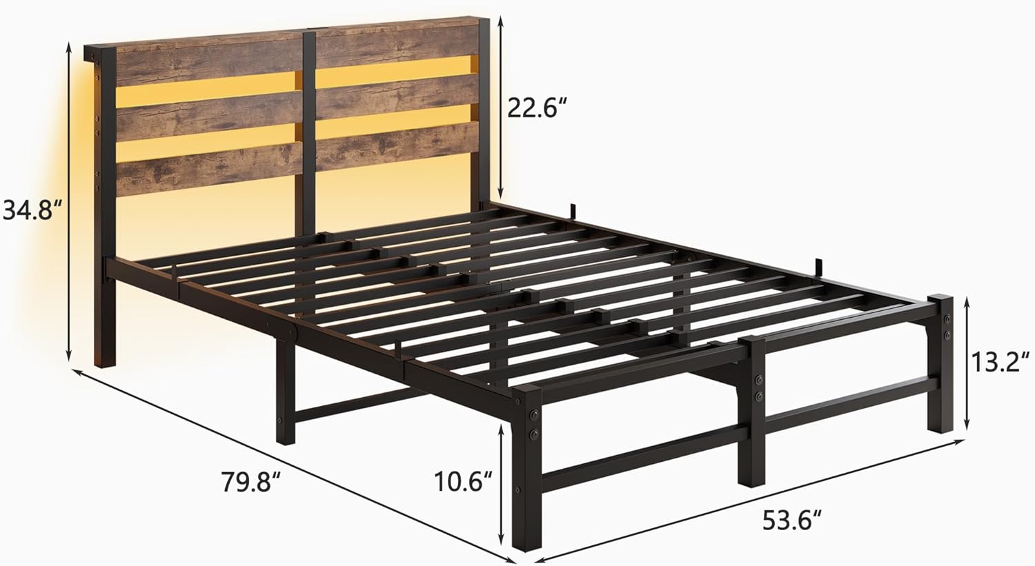 VERFARM Full Size Bed Frame Double with Charging Station and LED Lights, Full Heavy Duty Metal Platform Bed Frame with Wood Storage Headboard, No Box Spring Needed, Noise Free, Black+Brown - Image 2