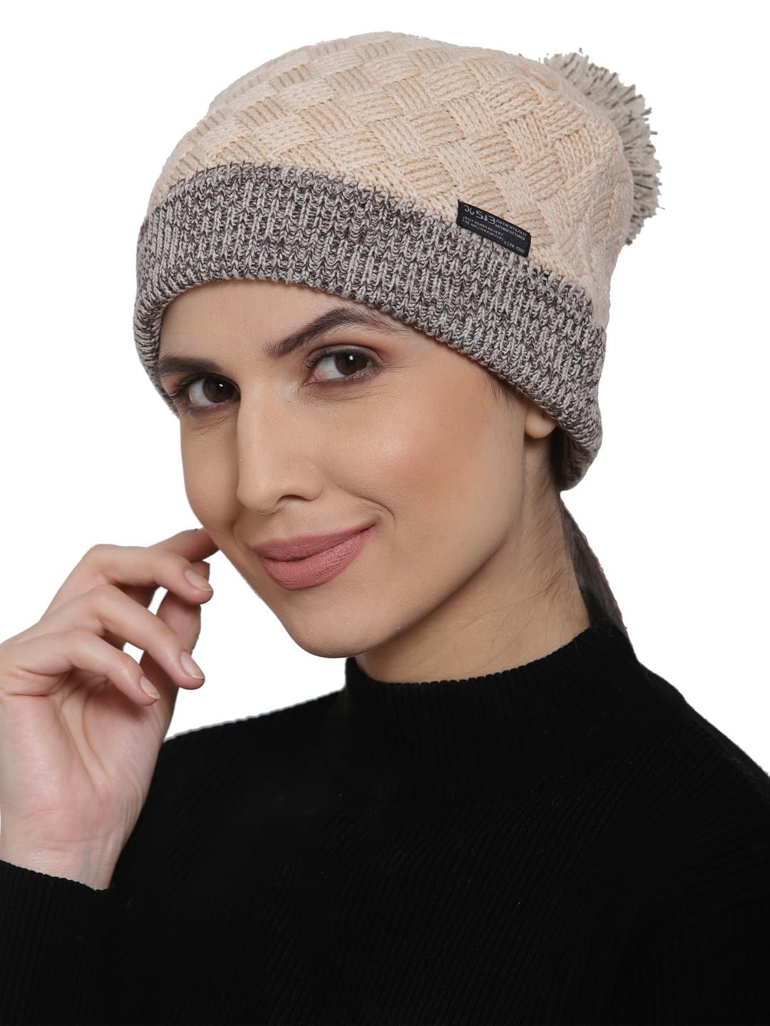 Women's Acrylic Knitted Soft and Warm Winter Woolen Skull Beanie Cap with Pom Pom Beige-image-29