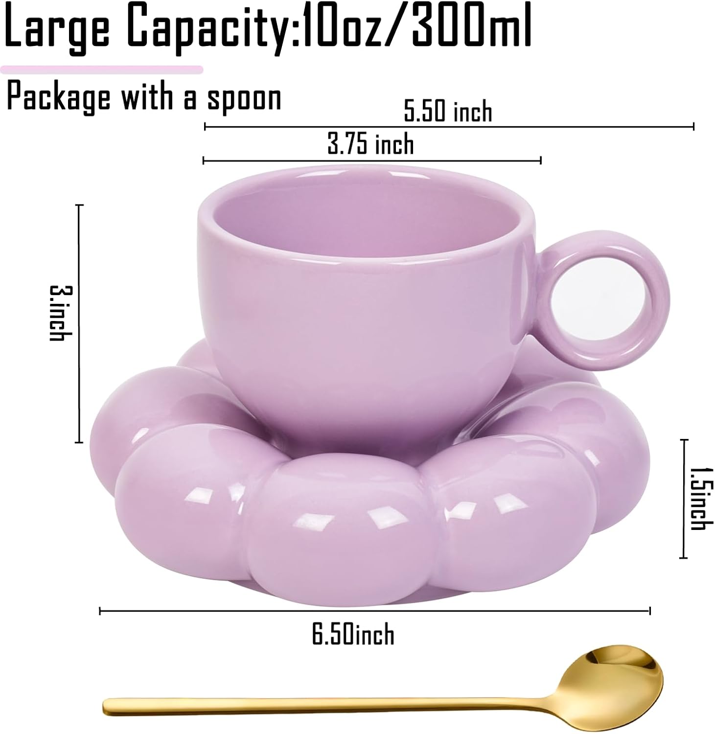 ARISKEY 10oz Coffee Mug for Women,Tea Cup and Saucer Set with Spoon,Perfect for Latte and Milk,Dishwasher and Microwave Safe,Suitable for Mom,Light Lavender - Image 2