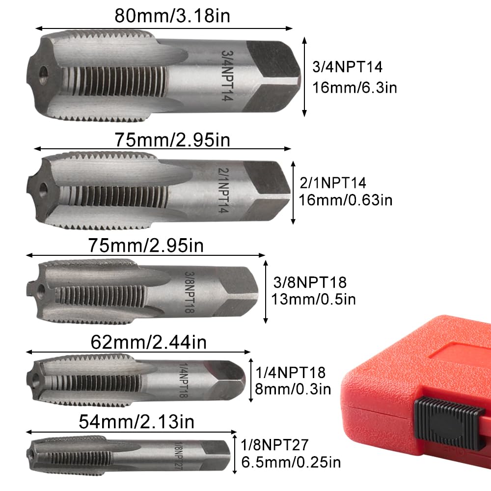 ZoZoMaiy 5 Piece NPT Pipe Tap Set, 3/4", 1/2", 3/8", 1/4", 1/8" NPT Tap - Image 2