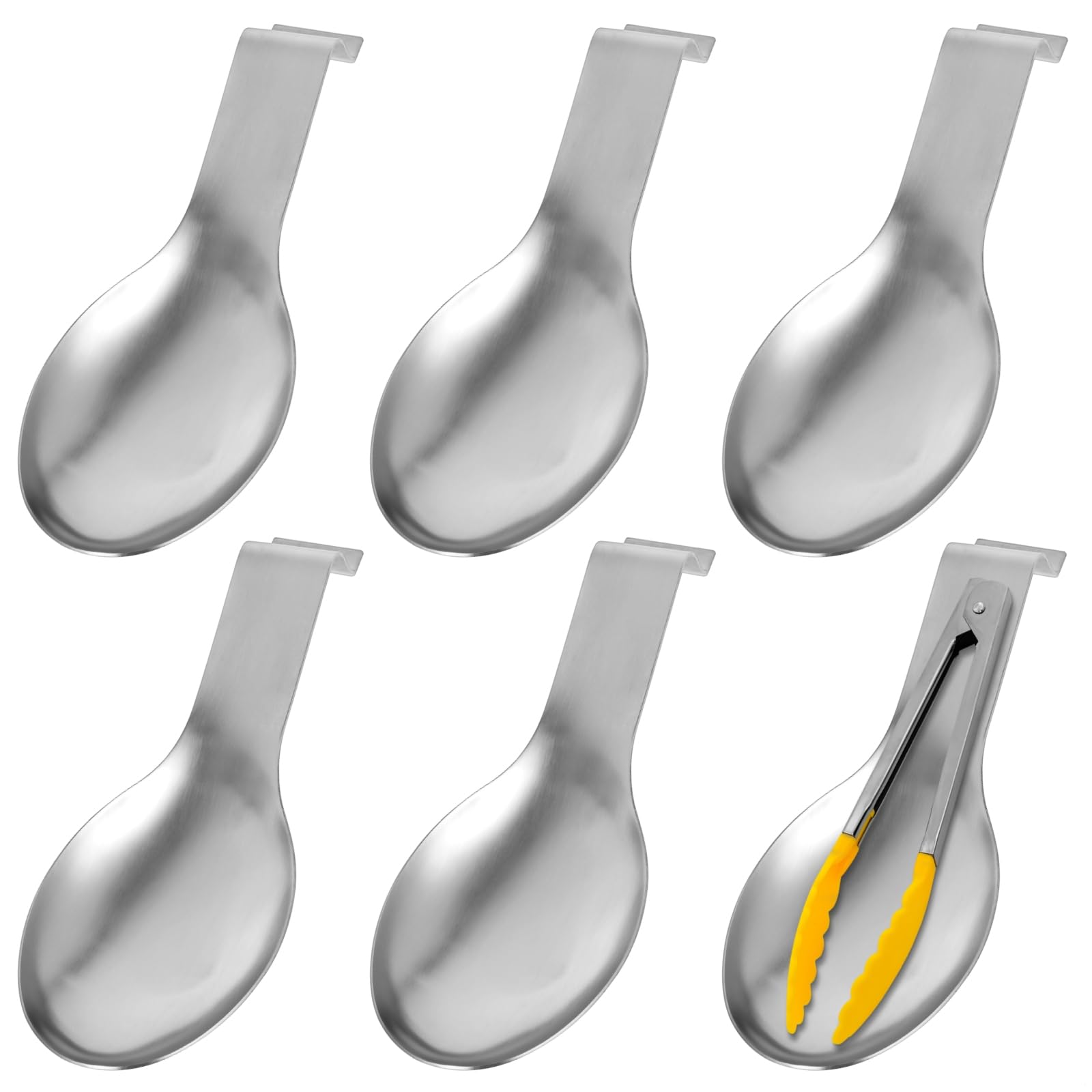 Lot de 6 repose-cuillères ergonomiques en acier inoxydable avec crochets, grands repose-ustensiles pour spatules et louches, 9,6 x 25,4 cm
