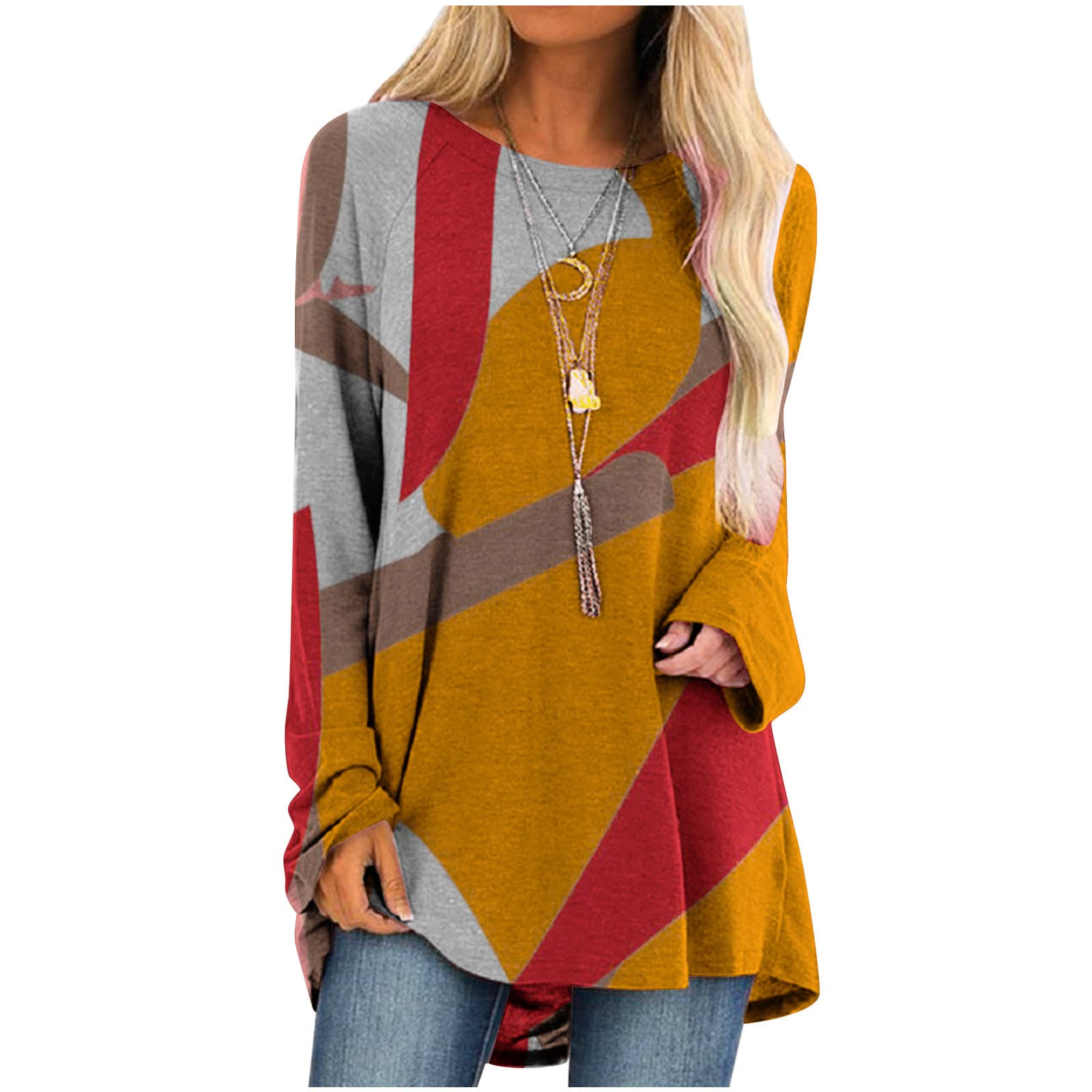 TURWXGSO Ladies Shirts Promotion New Crew Neck Tops Long Sleeve Printed Longline Tops Realxed Fit T-Shirts Fashion Casual Color Block Pullover Sweatshirts Undershirts Loungewear Christmas Jumper