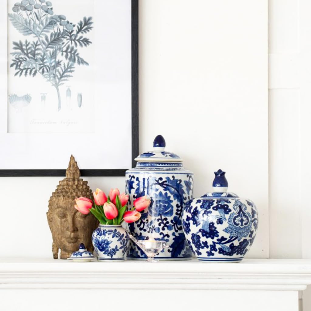 T2 Concept D8"x10" Oriental Traditional Blue and White 100% Porcelain Floral Decorative Ginger Jar For Living Room Mantel Tabletop