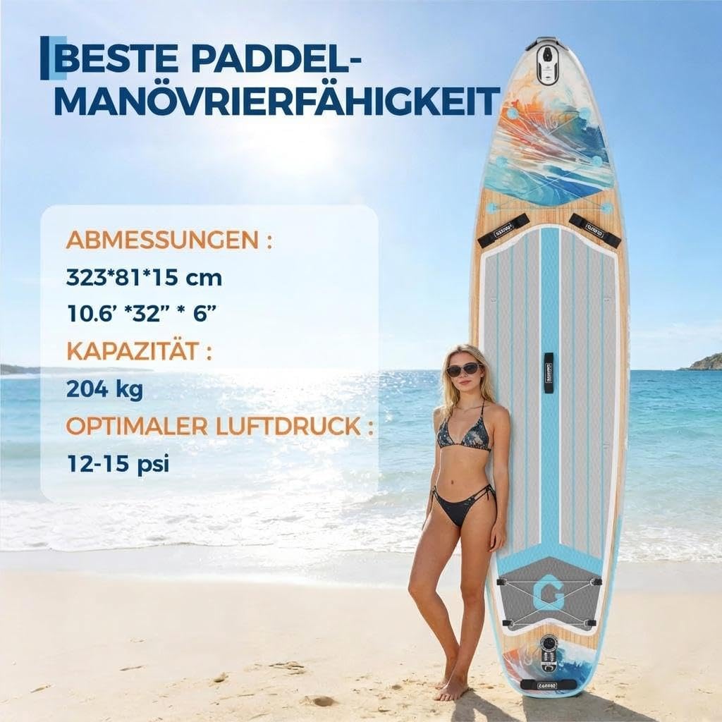 Premium SUP Board Set, Aufblasbares Stand Up Paddling Board – Ultra-Breites Mit 204kg Belastbarkeit, Verstellbares 3-Teiliges Paddel Mit Kamerahalterung, Komplettes Zubehör, Anfänger, Fortgeschrittene