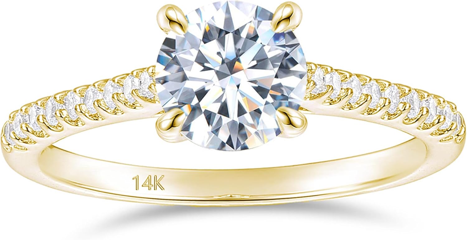 14K Gold 1 Carat Round Cut Moissanite Engagement Ring 4-Prong 1CT Round Cut Engagement Ring Solitaire Moissanite Rings for Women
