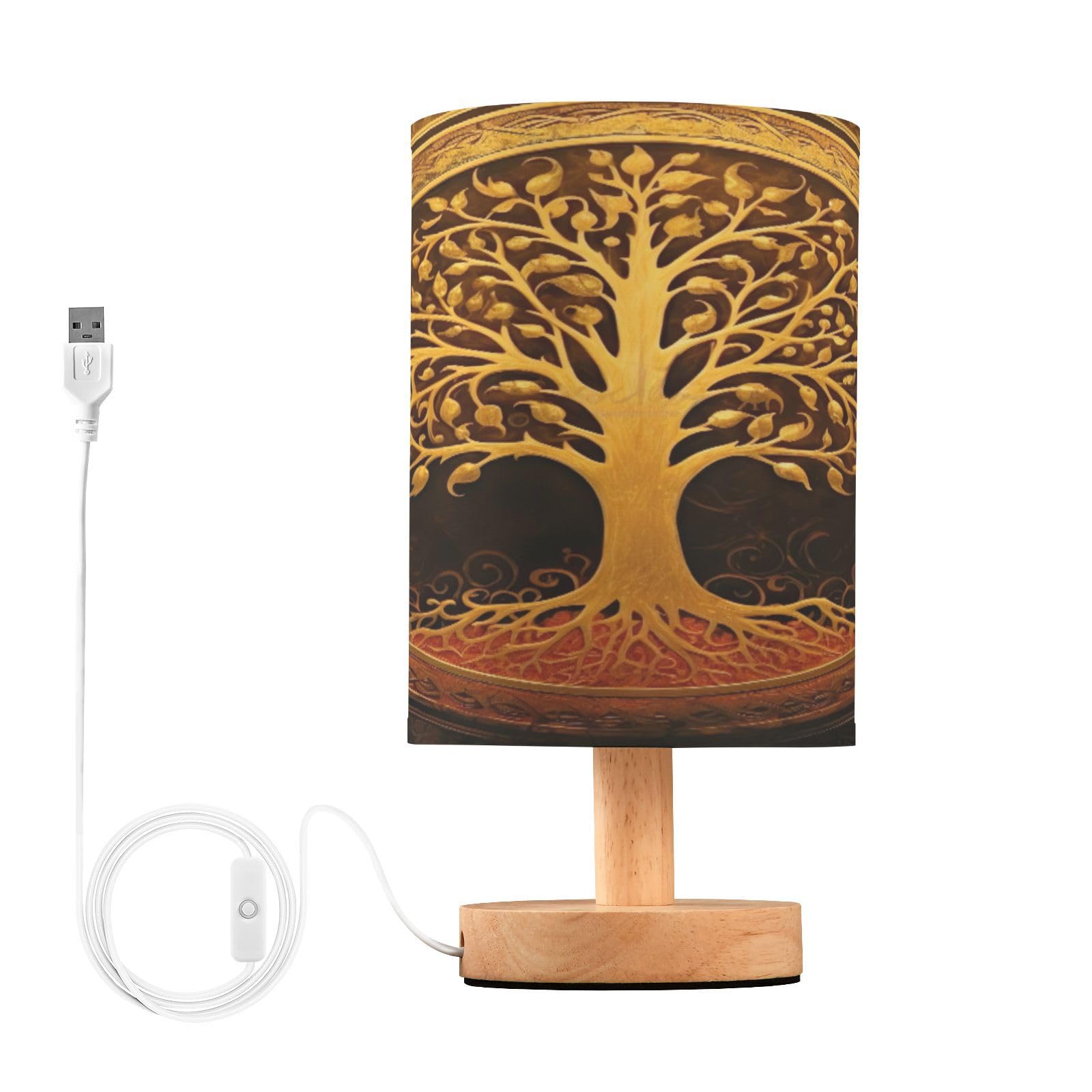 SDMKA Gold Tree Pattern Bedside Table Lamp for Bedroom, Minimalist Nightstand Lamp with Round Fabric Shade for Living Room, Office, No Bulb Required