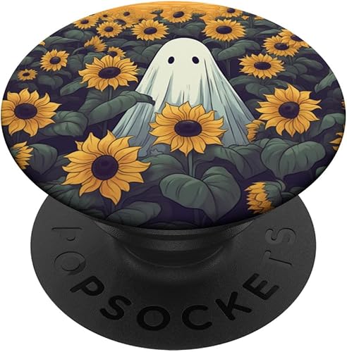Retro Ghost Girasol Diseño Floral Halloween Mujeres Graphic PopSockets PopGrip Estándar